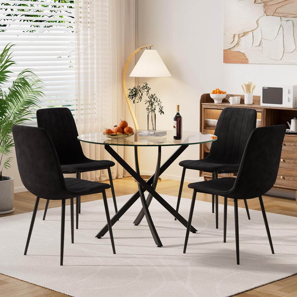 Modern Round Glass Dining Table Set for 4, 36'' Small Tempered Glass Tabletop Black Base with 4 Black Minimalism Dining Chairs, 5-Piece Clear Circle Dining Table Set(Easy Assemble)