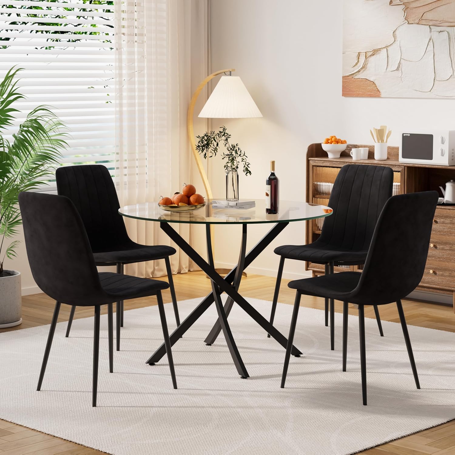 Modern Round Glass Dining Table Set for 4, 36'' Small Tempered Glass Tabletop Black Base with 4 Black Minimalism Dining Chairs, 5-Piece Clear Circle Dining Table Set(Easy Assemble)