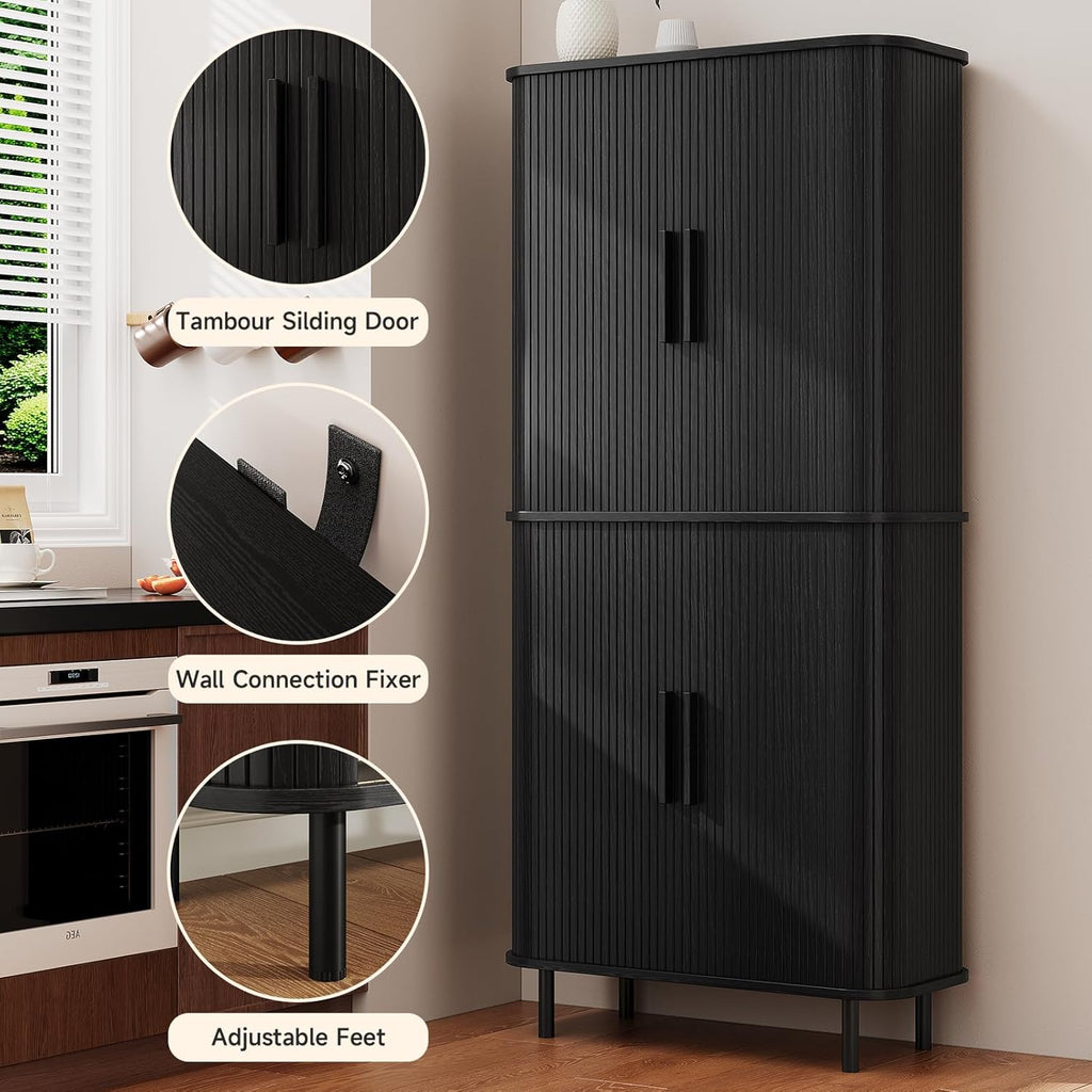 71" Tall Fluted Pantry Cabinet, Mid-Century Modern Kitchen Pantry Storage Cabinet with 2 Pegboards, 10 Hooks, Freestanding Cupboard with 4 Adjustable Shelves, Sliding Doors (Black)