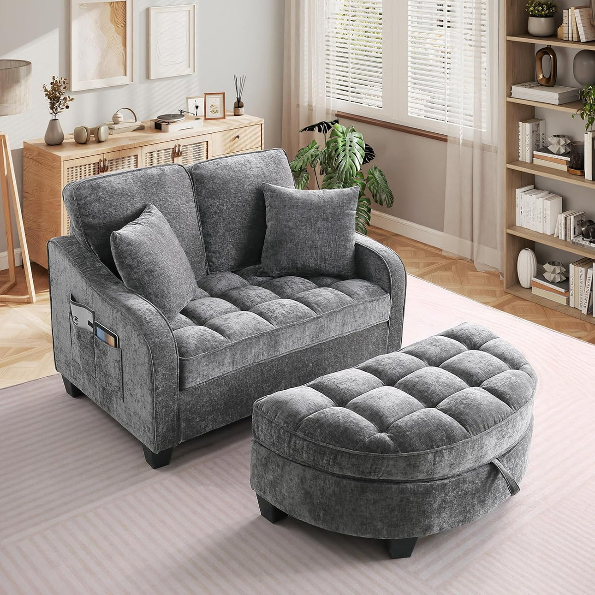 Oversized Chaise Lounge Chair Indoor with Ottoman, Chenille Tufted Comfy Loveseat Sofa Chair with Adjustable Backrest, Fluffy Recliner Sofa, Convertible Couch Sleeper Bed for Living Room(51"W, Grey)