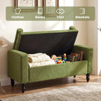 End of Bed Bench for Bedroom, 45.7" Linen Storage Ottoman Bench with Removable Pillows, Upholstered Entryway Bench with Solid Wood Legs, Storage Cabinet for Bedroom, Living Room, Entryway, Green
