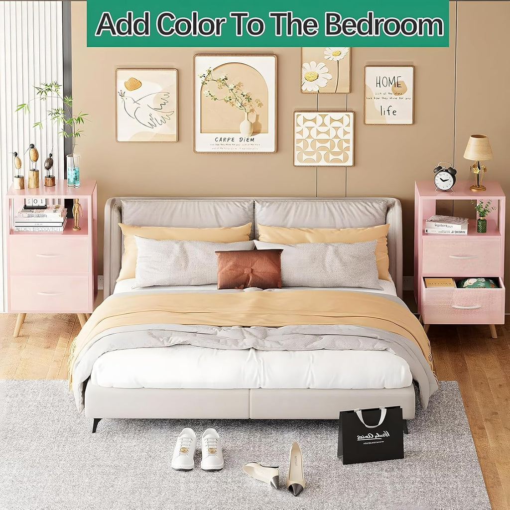Aenuert Night Stand, Pink Nightstand with 2 Fabric Drawers, Wooden Side Table with Open Storage, 3-Tier Modern End Table, Bedside Table for Small Space, Living Room, Bedroom