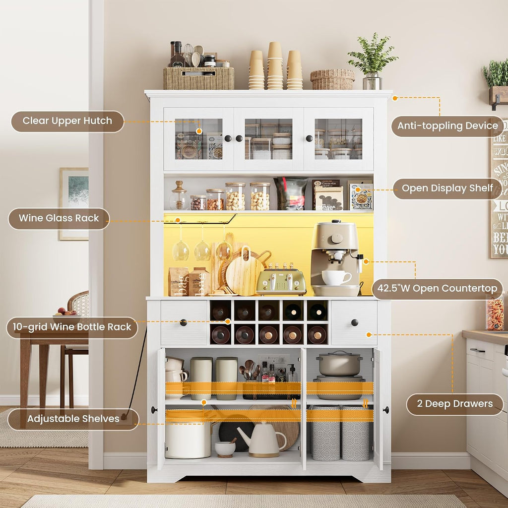 GAOMON 69" Pantry Cabinet with LED Light & Charging Station, Kitchen Pantry Storage Cabinet with Drawer & Adjustable Shelves, Coffee Bar Table for Kitchen Room, Living Room, Dining Room, White