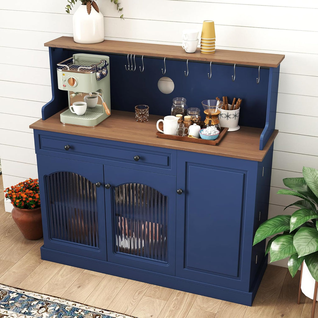 Kitchen Pantry Cabinet with Drawer Storage, 48” Modern Farmhosue Kitchen Hutch with Glass Doors, Blue Storage Cabinet with Countertop and Adjustable Shelves for Dining Room, Living Room