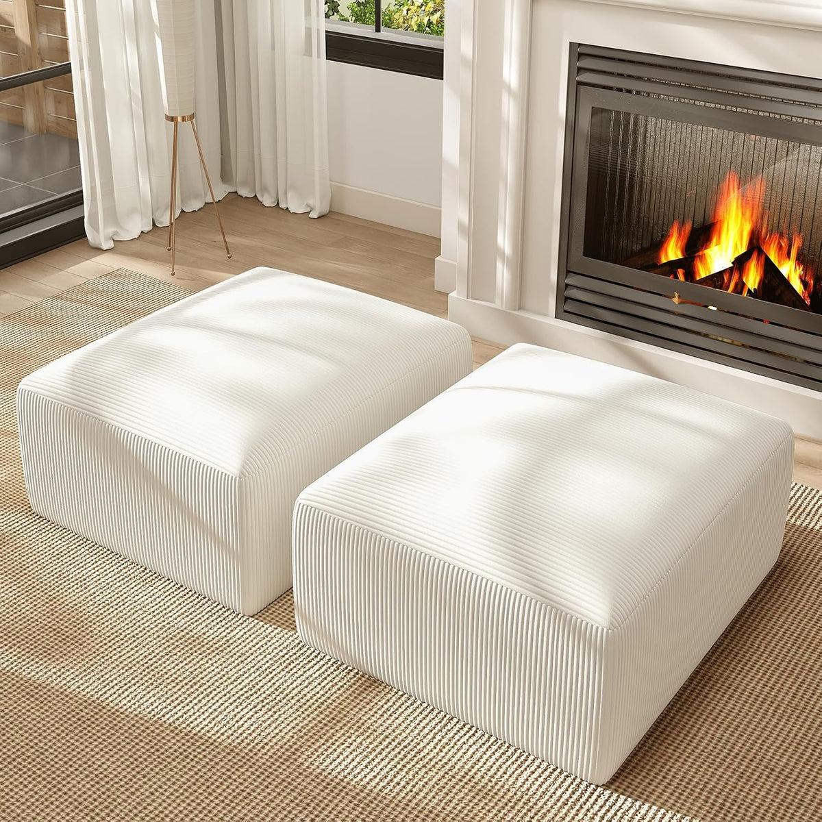 2 Square Cloud Footstool for Living Room, No Assembly Modular Corduroy Convertible Seat, Modern Style Sofa Accessory for Lounge or Bedroom