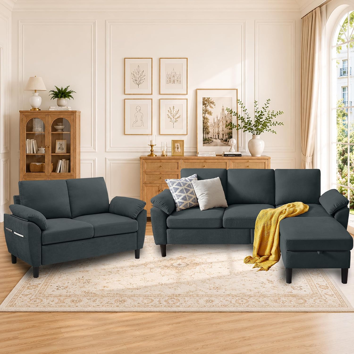 Convertible Sectional Sofa Set, 79" Modern L Shaped Couch and 57" Loveseat, Linen Upholstered 3 Seat Sofa with Storage Ottoman, Couches for Living Room, Apartment, Dark Grey