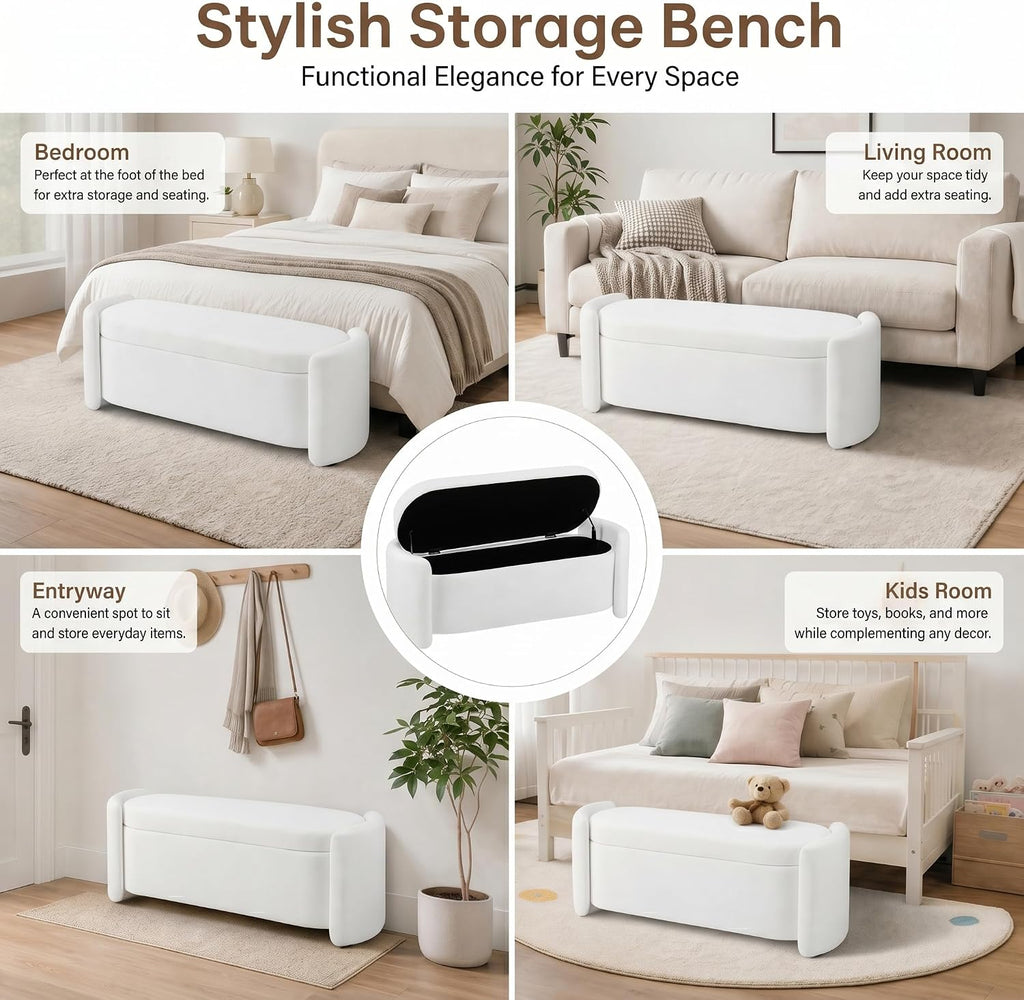 Oval White Velvet Storage Ottoman Bench, 48.8" | Velvet Upholstered Ottoman Bench with Storage, Safety Hinge, Foot Rest for Living Room, Bedroom, Small Apartment
