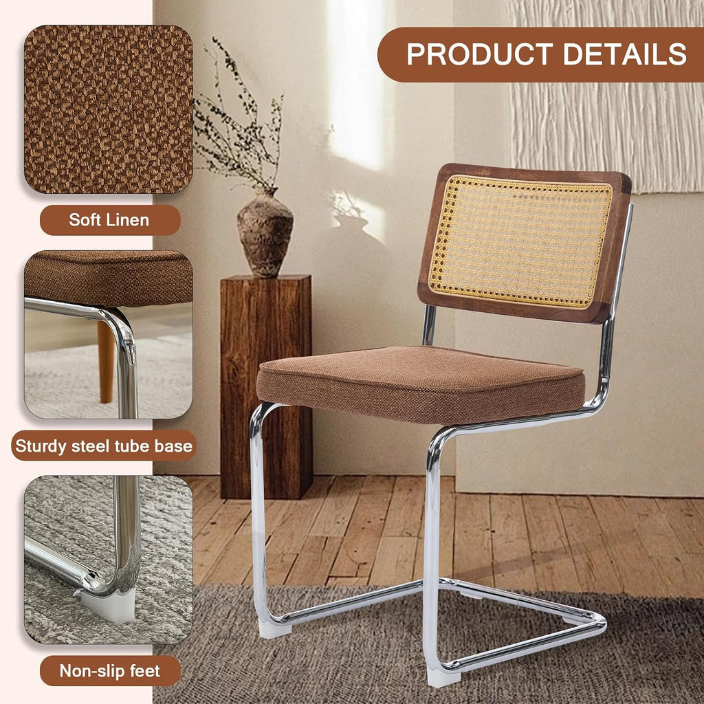 Rattan Back Linen Dining Chair Set of 4 Modern Stainless Chrome Base Armless Upholstered Side Chair for Dining Room, Kitchen Island,Coffee