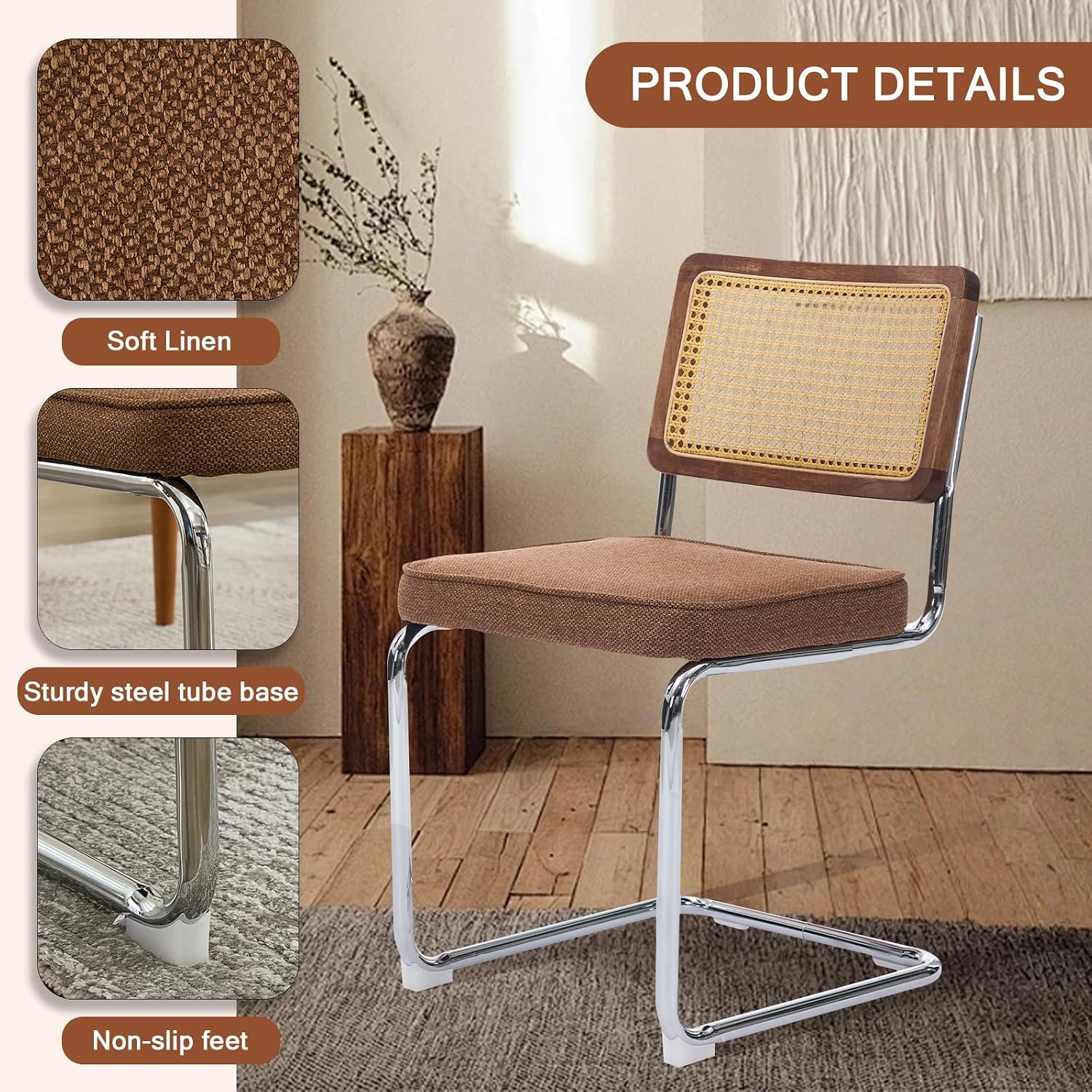 Rattan Back Linen Dining Chair Set of 4 Modern Stainless Chrome Base Armless Upholstered Side Chair for Dining Room, Kitchen Island,Coffee