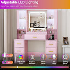 BORNOON Vanity Desk with Mirror and Lights, Makeup Vanity with 7 Drawers, 2 Glass Door Cabinets, Charging Station, Adjustable Shelves, RGB Lighting, Holder