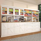 71" White Farmhouse Kitchen Pantry Cabinet Set of 4— Freestanding Coffee Bar with Glass Doors or Drawers, Microwave Stand, Large Storage Hutch with Adjustable Shelves for Kitchen, Living Room