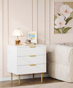 Akxomel Fluted Nightstand Side Table with Charging Station White Bedroom | 3 Drawer Nightstand with Charging Station, Modern Bedside Table, 15.7"D x 23.2"W x 27.5"H, for Bedroom