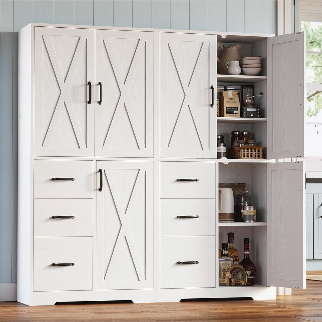 IRONCK Pantry Cabinet, Kitchen Storage Cabinet with 3 Door & Drawer, White | Adjustable Shelf. 67.5inch Tall. 5 Tier Freestanding. 150 lbs Per Shelf. Modern Style. FSC-certified Wood. Anti-tip.