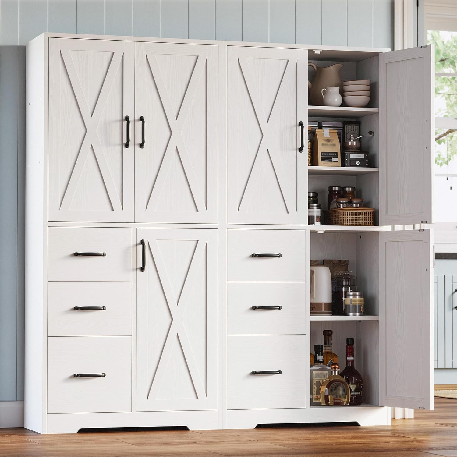 IRONCK Pantry Cabinet, Kitchen Storage Cabinet with 3 Door & Drawer, White | Adjustable Shelf. 67.5inch Tall. 5 Tier Freestanding. 150 lbs Per Shelf. Modern Style. FSC-certified Wood. Anti-tip.