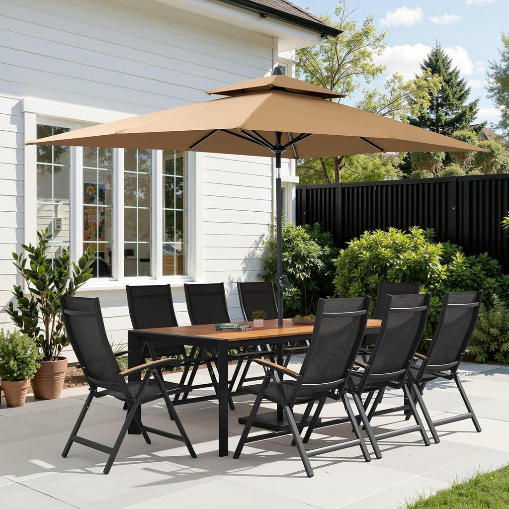 Crestlive Products Folding Patio Chairs Set of 2, 8-Level Adjustable Outdoor Recliner Chairs with Teak Armrest Aluminium Frame for Pool, Backyard, Black, DC071