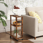 TUTOTAK Small Narrow Side Table with Charging Station, Skinny End Table for Small Spaces, Slim Nightstand with USB Ports and Outlet, Sofa Beside Table with Wheels, Rustic Brown TB01BB047C