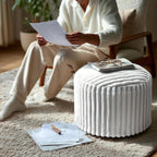 Round Stuffed Pouf Ottoman, Stripe Faux Fur Footrest, Solid Block Support+Soft Cushion Comfort, Removable Washable Cover, 20" Floor Pouf for Living Room Bedroom Dorm Vanity, Cream Beige