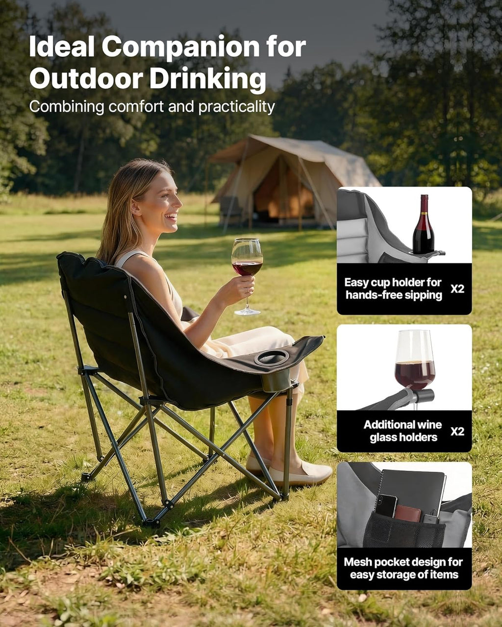 VEVOR Oversized Camping Chairs, 450 lbs Heavy Duty Support, Portable Padded Folding Camp Chairs with Dual Cup Holders & Wine Glass Holders, Carry Bag for Outdoor, Fishing, Black & Gray, 1 Pack