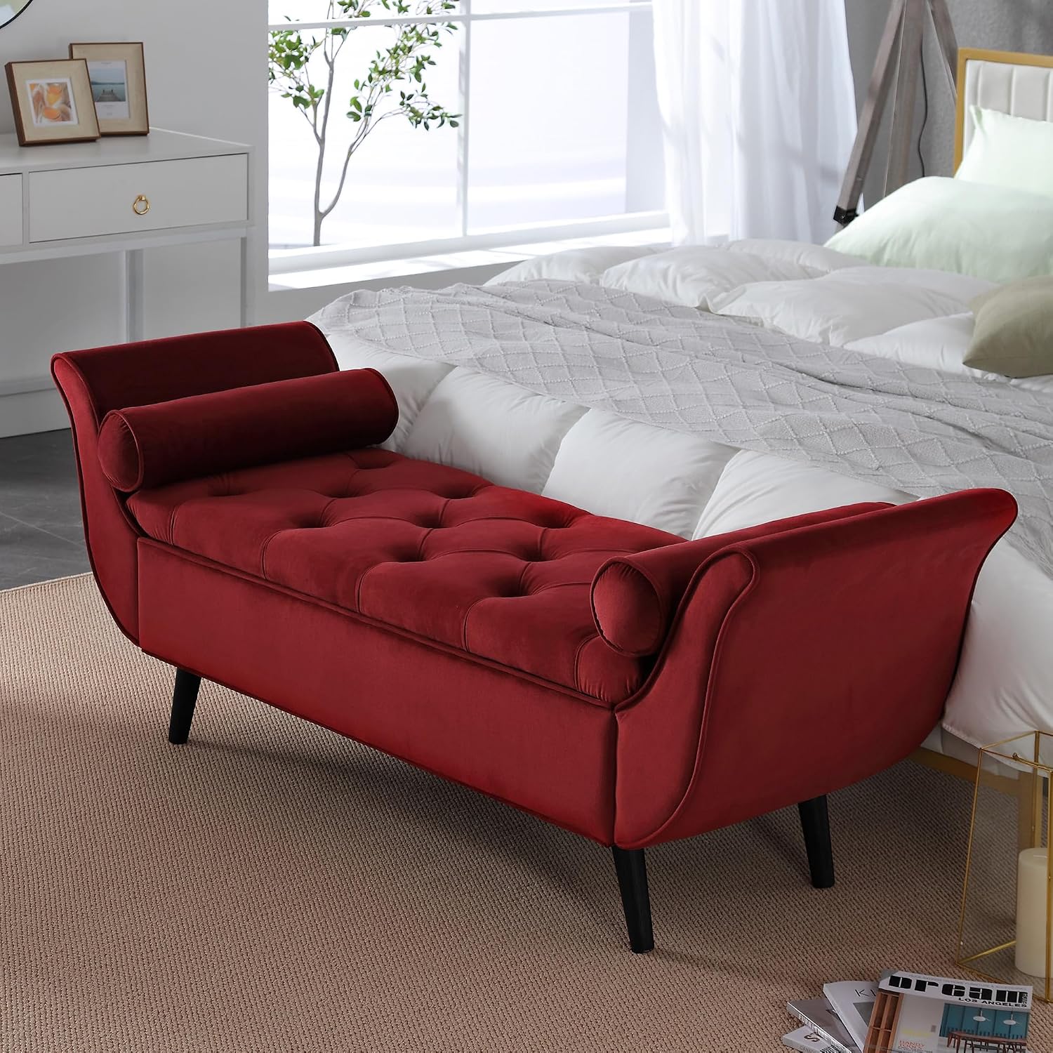 65" Storage Benches Velvet End of Bed Bench Storage Ottoman with Button-Tufted Large Upholstered Window Bench with Storage Shoe Cabinet Bench, for Bedroom, Entryway, Closet(Red)