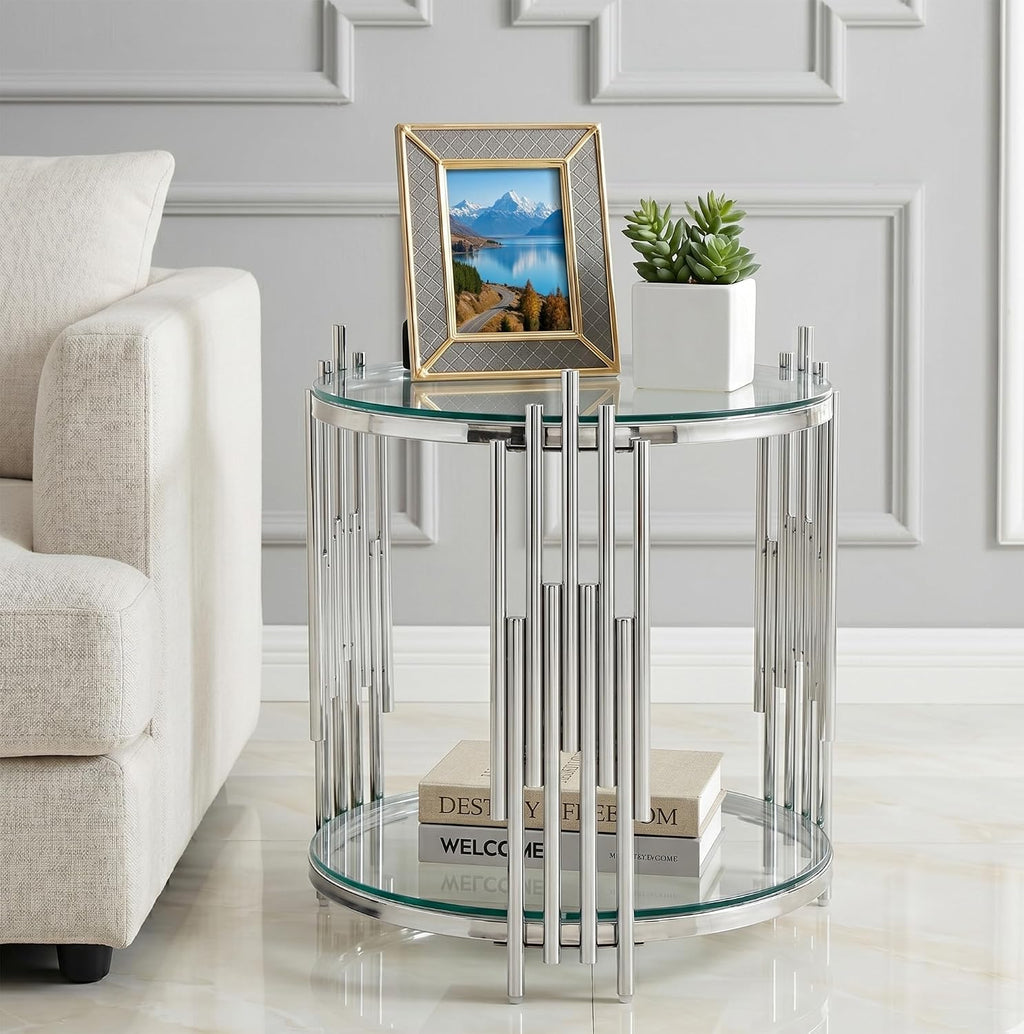 19.69” Round Glass End Table, 2-Tier Side Table with Clear Tempered Glass Top Silver Mirrored Stainless Steel Legs, Modern Luxury Nightstand Bedside Table with Lower Shelf for Living Room