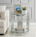 19.69” Round Glass End Table, 2-Tier Side Table with Clear Tempered Glass Top Silver Mirrored Stainless Steel Legs, Modern Luxury Nightstand Bedside Table with Lower Shelf for Living Room