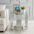 19.69” Round Glass End Table, 2-Tier Side Table with Clear Tempered Glass Top Silver Mirrored Stainless Steel Legs, Modern Luxury Nightstand Bedside Table with Lower Shelf for Living Room