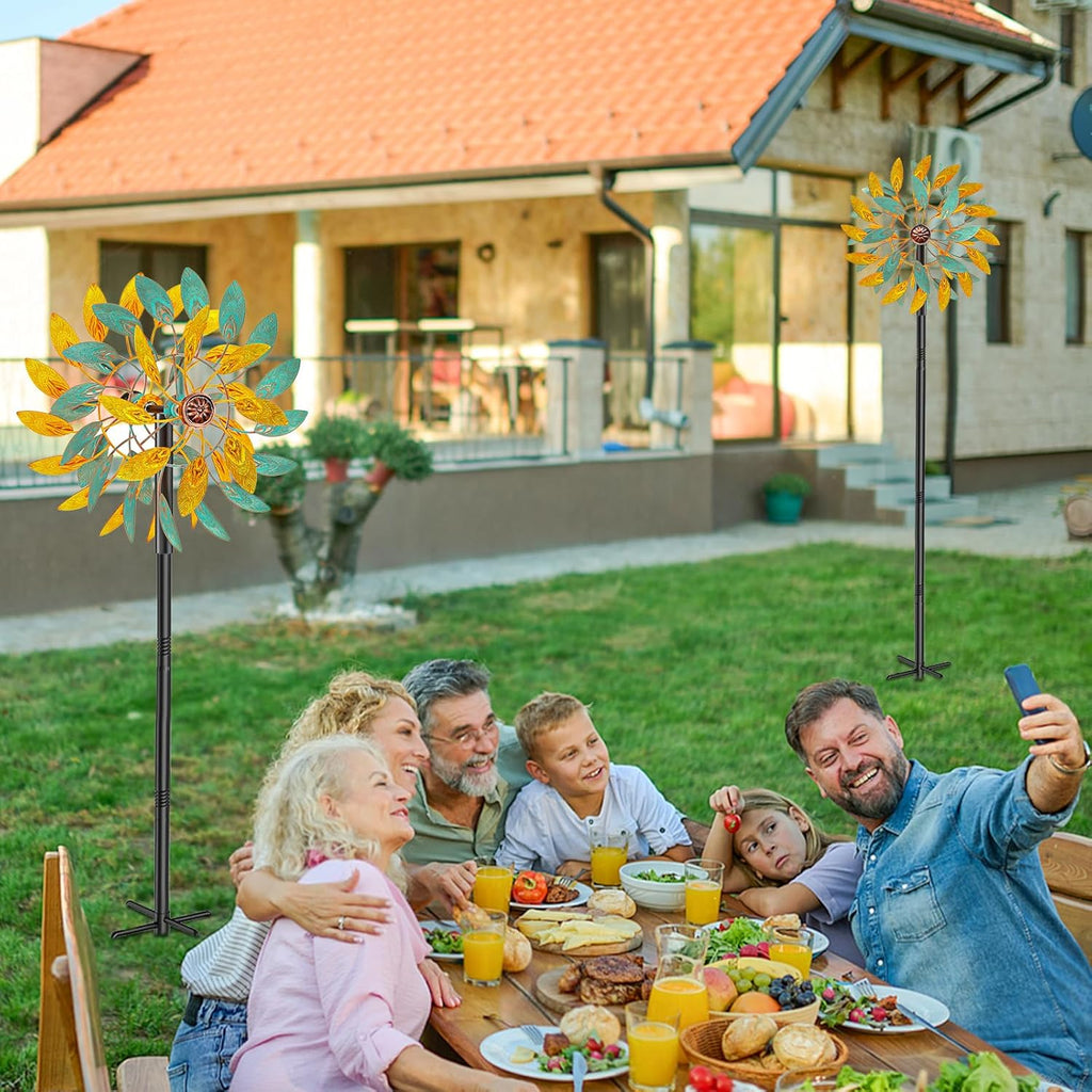 Metal Wind Spinners Outdoor, Kinetic Garden Wndmills,Yard Art Windmill with Metal Stake,Vintage Wind Sculptures & Spinners,Waterproof Pinwheels Large Wind Mill for Patio Lawn Yard Garden (Yellow+Blue)