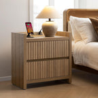 SICOTAS Night Stand Set 2 with Charging Station, Fluted Nightstands | Large Modern Nightstand with 2 Drawers for Bedroom, 25.4" Wide Bedside Table End Side Table for Sofa Side, Caramel Oak