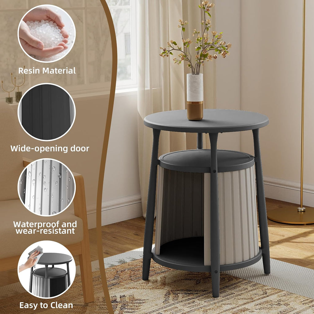 ROJIK End Table with Storage, Round Side Table for Indoor Outdoor Use, All-Weather Resin Accent Table for Small Spaces, Bathroom, Living Room, Bedside Table (Black)