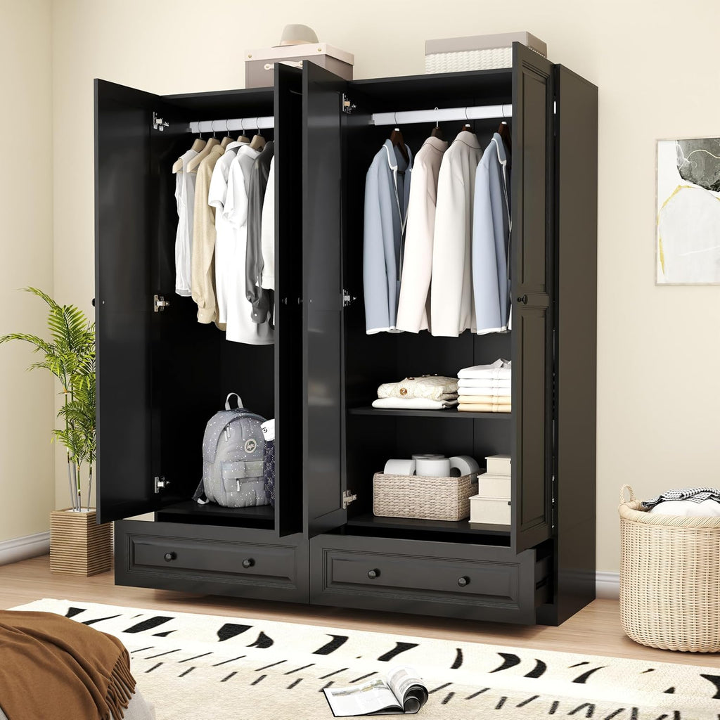 Armoire Wardrobe Closet with Drawer: Bedroom Wardrobe Closet for Hanging Clothes, Wood Cabinet for Clothes with Doors, Armoire with Shelves (Black, 63")