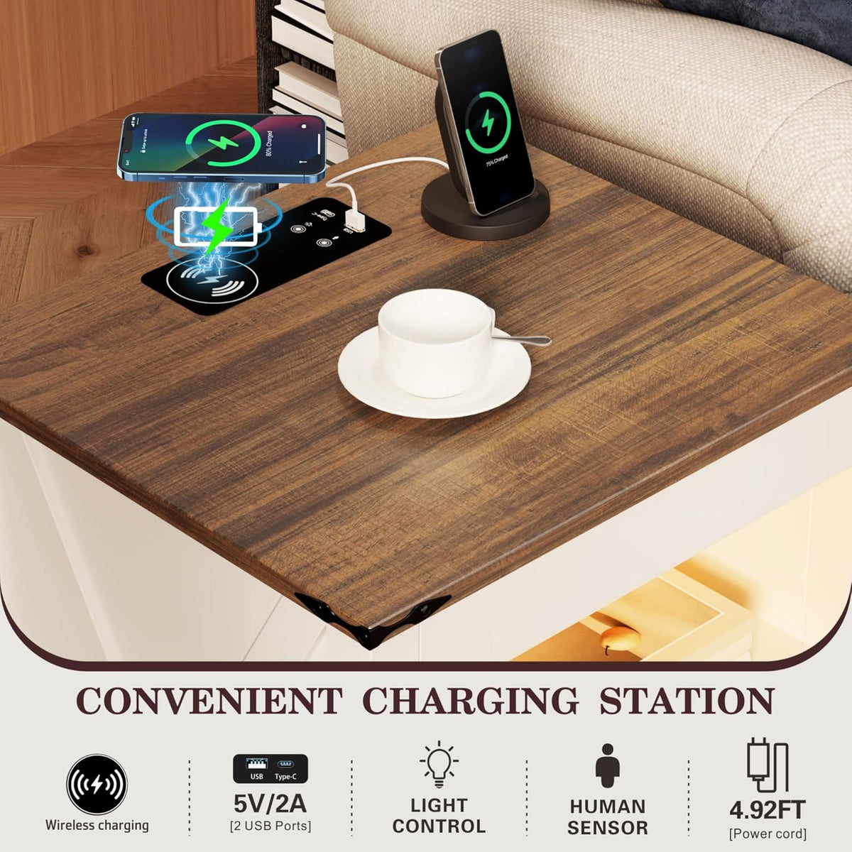 HWB LED Nightstand Set of 2 with Gun Drawer: Bedside Table with Charging Station for Bedroom Furniture – Farmhouse Night Stand with 3 Colors Smart Human Sensor Lights for Living Room End Table, White