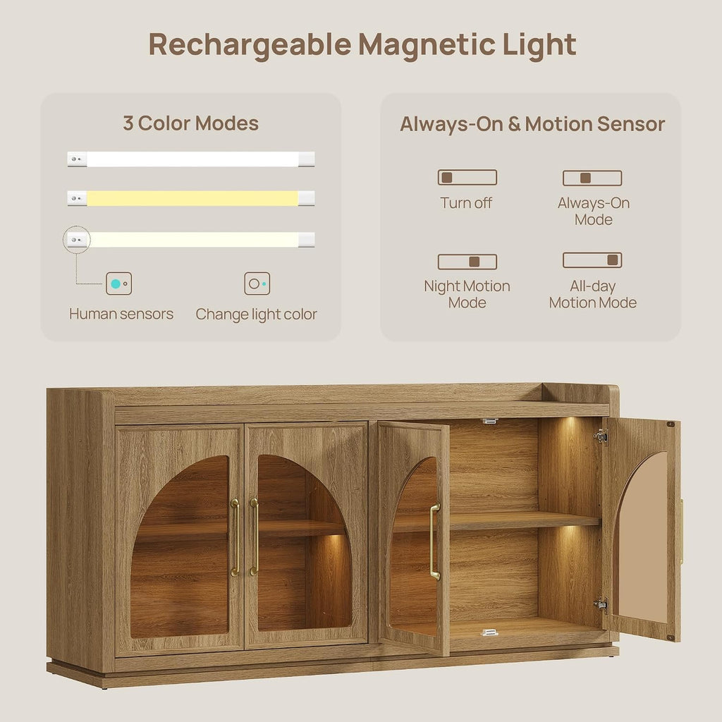 SICOTAS Sideboard Buffet Cabinet with Storage and LED Lights-Modern Large Credenza Storage Cabinet with Arch Glass Doors, Adjustable Shelves, 61.7" Wooden Media Console Coffee Bar Cabinet, Brown Oak