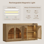 SICOTAS Sideboard Buffet Cabinet with Storage and LED Lights-Modern Large Credenza Storage Cabinet with Arch Glass Doors, Adjustable Shelves, 61.7" Wooden Media Console Coffee Bar Cabinet, Brown Oak