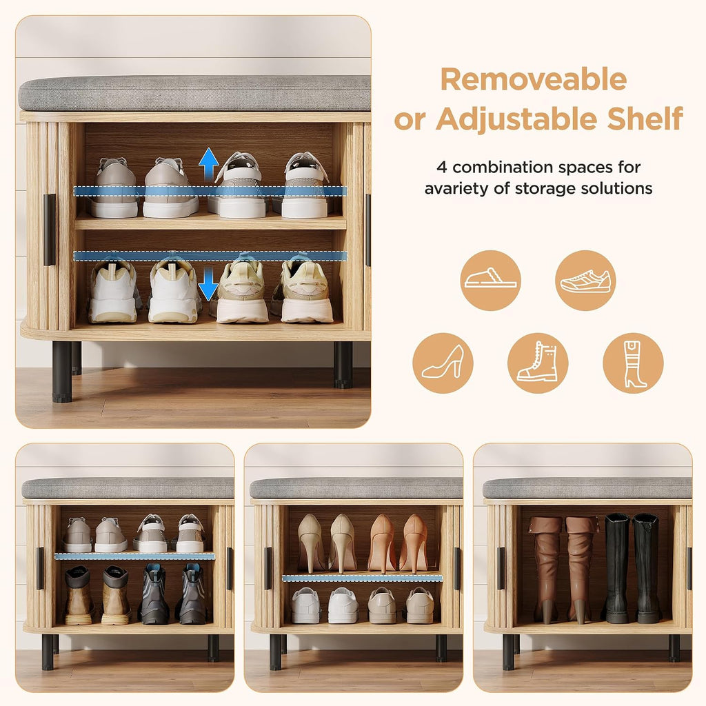 Maupvit Shoe Storage Bench with Smooth Fluted Sliding Doors, 2 Tier Hidden Shoe Organizer Cabinet, Adjustable Shelf & Comfy Cushion Seat for Entrance, Mudroom, Front Door, 39" W Shoe Rack Natural Oak