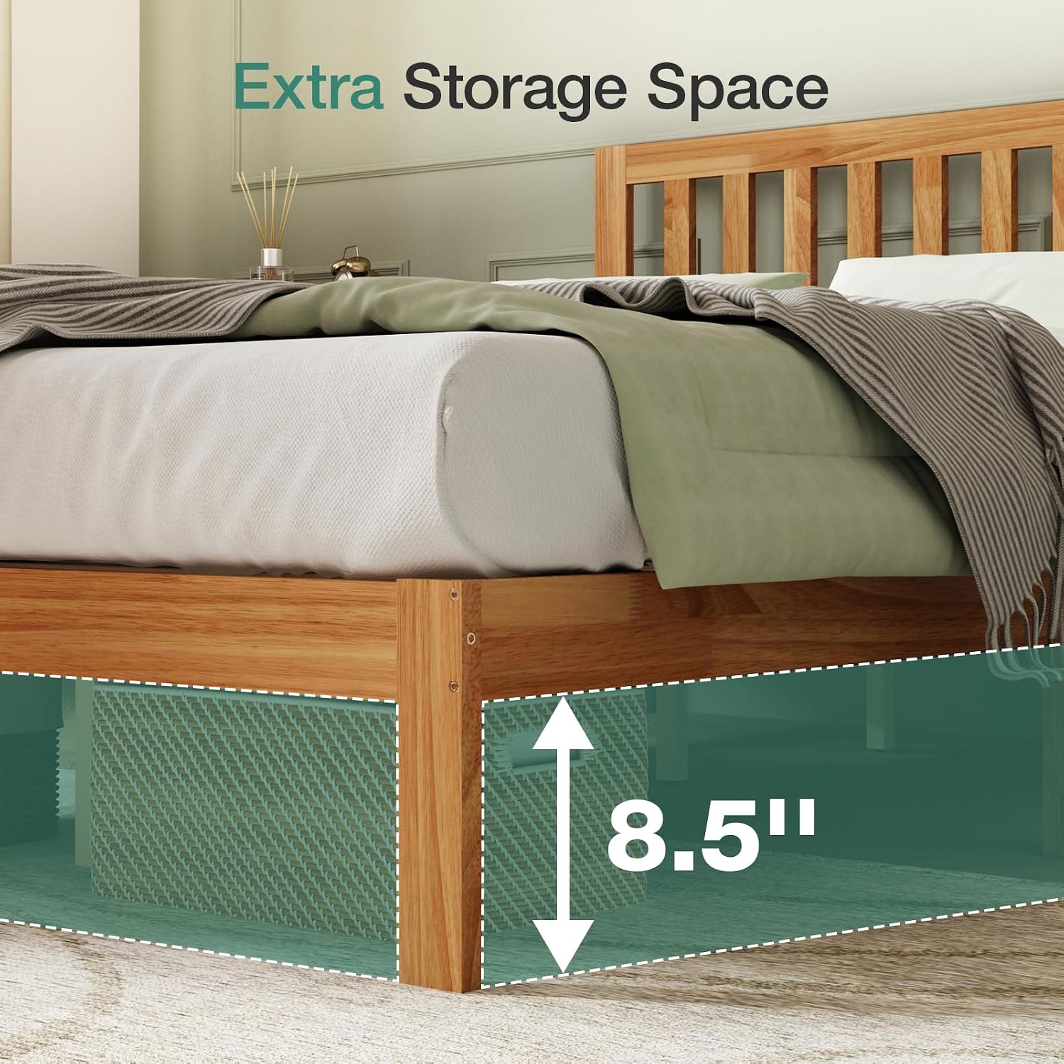 Novilla Queen Bed Frame with Headboard, Solid Wood Bed Frame Foundation with Wood Slat Support, No Box Spring Needed, Easy Assembly, Oak