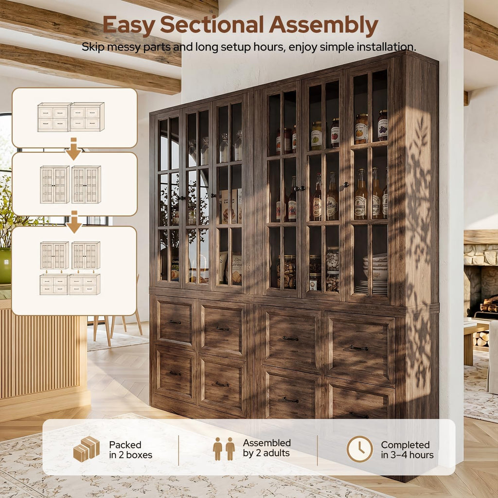 80" Modular Kitchen Pantry Cabinet, 2-in-1 Freestanding Tall Pantry Cabinet with Glass Doors & Adjustable Shelves, Large Hutch Storage Cabinet for Kitchen & Living Room (2, Cracked Oak, AB)