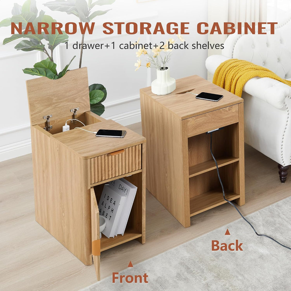 Fluted Narrow End Table with Charging Station, Boho Side Table with Drawer Storage, Small Night Stand with Power Outlets and USB Ports, Sofa Side Table for Living Room, Natural