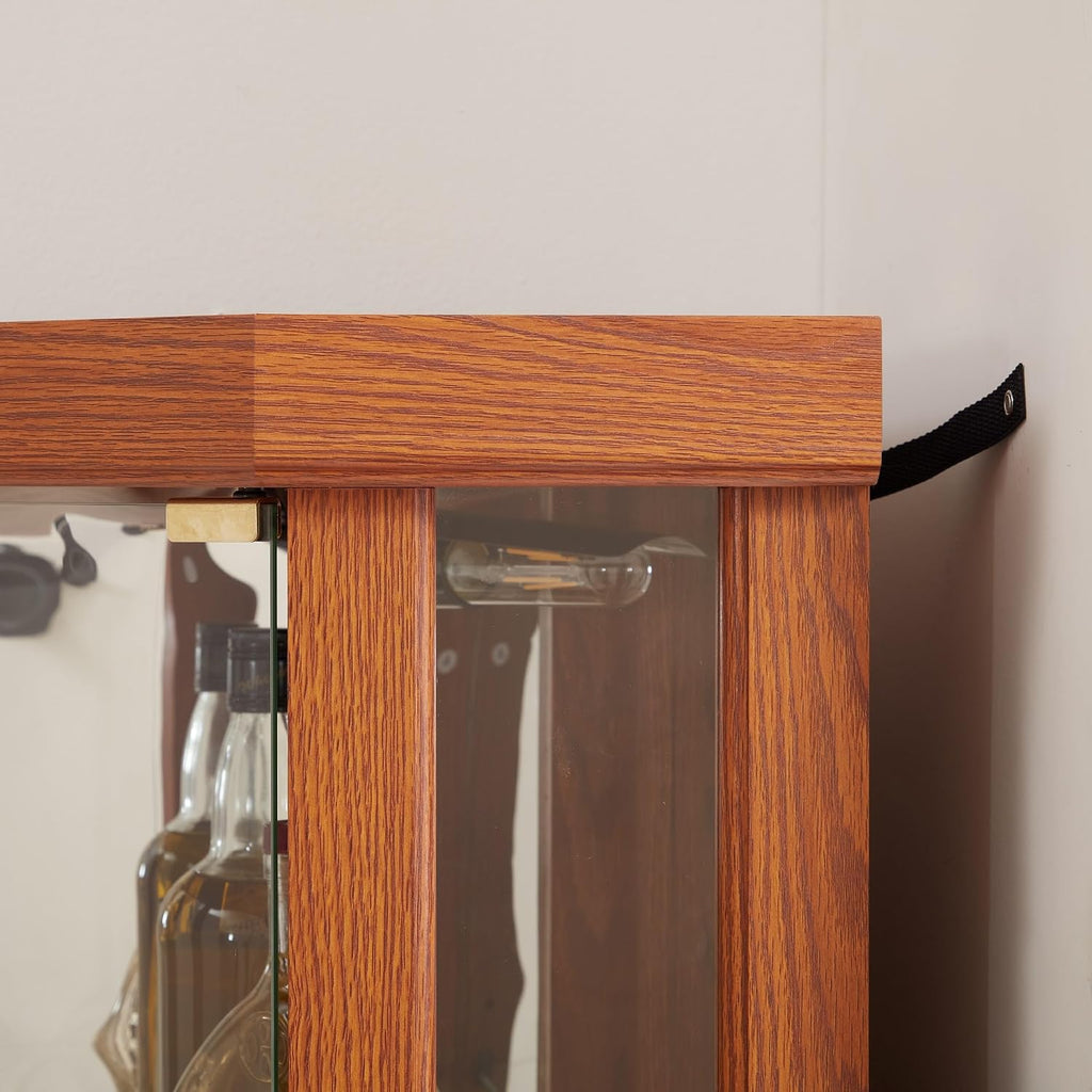 70" H Lighted Corner Curio Cabinet, Glass Display Cage with Tempered Glass Doors and 5 Adjustable Shelves, Wine Cabinet Storage Rack for Bar and Liquor Storage (Dark Oak)