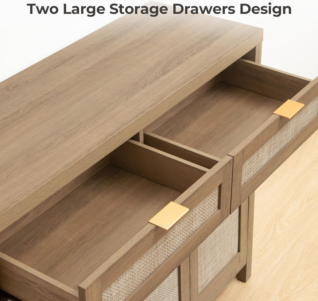 SICOTAS Rattan Sideboard Buffet Cabinet with Storage, Boho Credenza Accent Cabinet with 3 Doors and 2 Drawers, Farmhouse Console Coffee Bar for Kitchen, Living Room, and Entryway, Caramel Oak