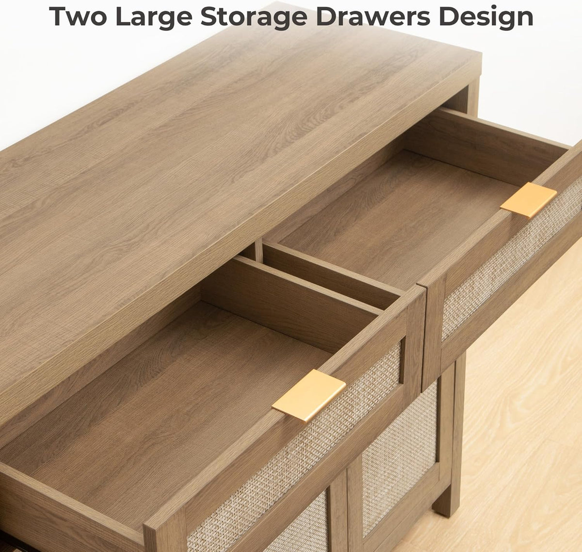 SICOTAS Rattan Sideboard Buffet Cabinet with Storage, Boho Credenza Accent Cabinet with 3 Doors and 2 Drawers, Farmhouse Console Coffee Bar for Kitchen, Living Room, and Entryway, Caramel Oak