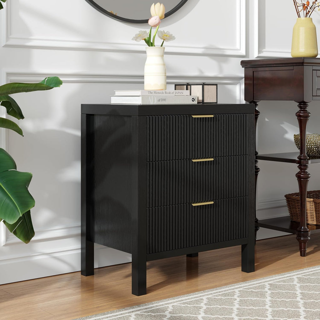 Fluted Nightstands Set of 2, Wooden Farmhouse Night Stands with 6 Drawer Bedside Table - Boho Tall End Table Accent Table for Bedroom, Living Room, （Black 2PCS）