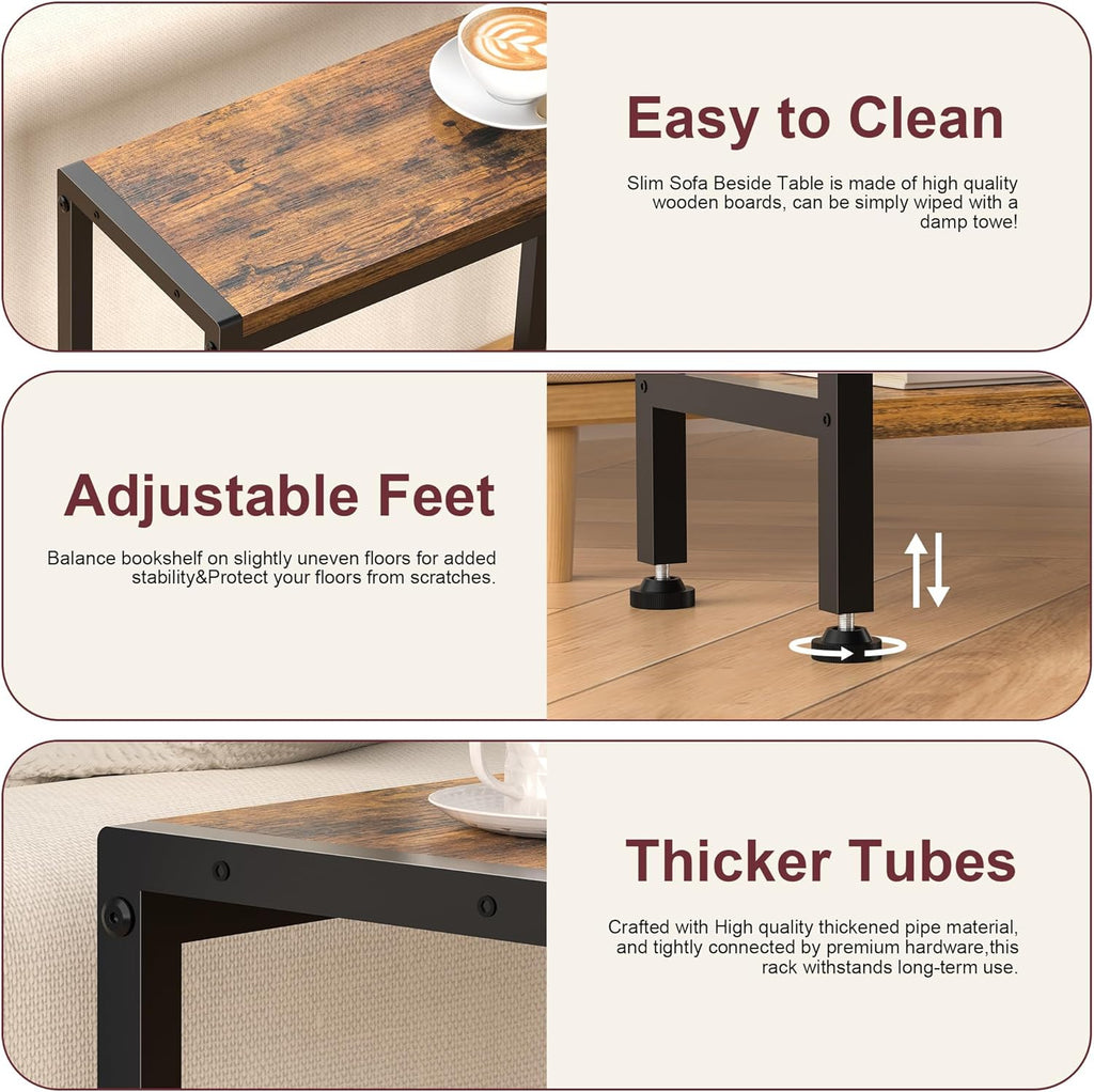 Narrow Side Table for Small Space, 2-Tier Slim End Table, Thin Nightstand, Skinny Snack Couch Table, Sofa Bedside Table in Living Room, Bedroom, Study, Kitchen and Balcony (Rustic Brown)