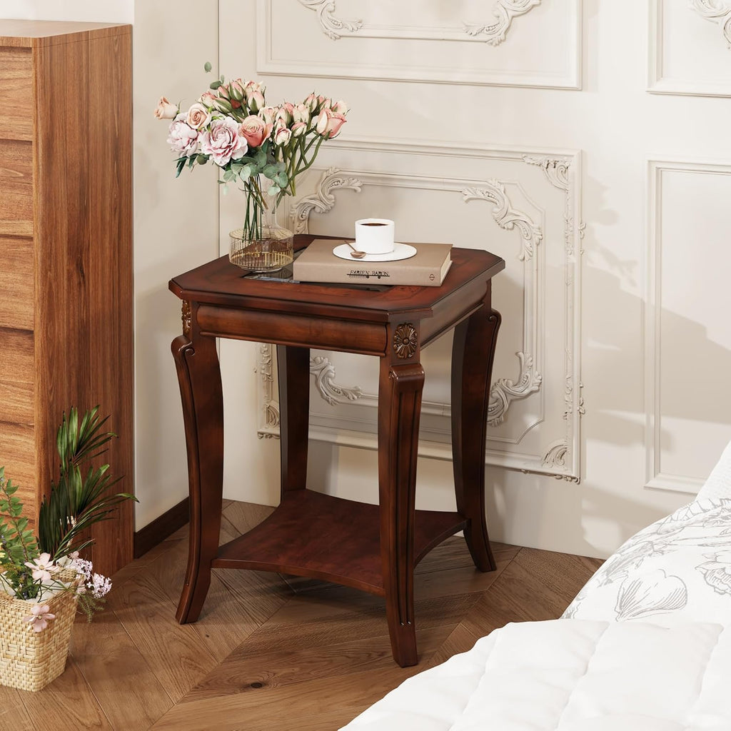 Square High End Side Table with Tempered Glass Top, Farmhouse Sofa Beside Table with Storage Shelf, Living Room Corner Tables with Wood Carved legs, 23.8”H Telephone Tabless, Cherry Brown CJZ-A1168-GT
