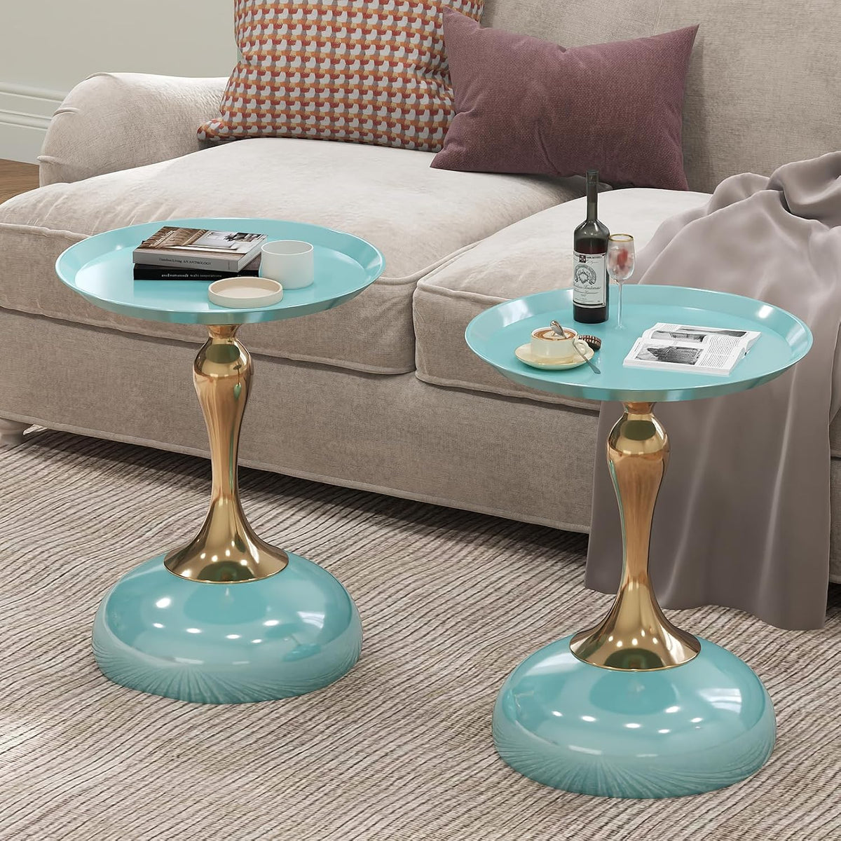 1-Pack Light Green Sleek Hourglass Side Table - Glossy Finish & Metallic Base | Contemporary Accent End Table for Living Room, Cafe & Home Decor Spaces