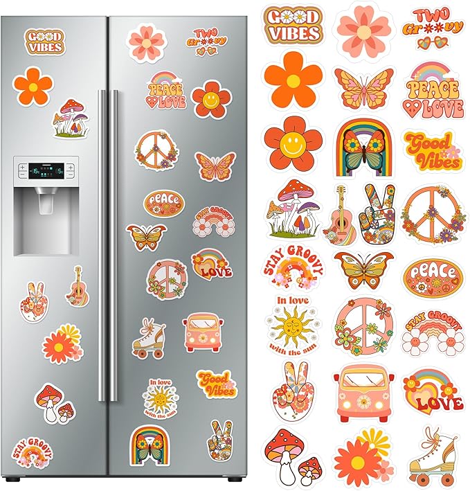25 Pieces Hippie Car Flower Magnet Groovy Boho Flower Refrigerator Magnets Retro Magnetic Hippie Fridge Magnets for Car Home Metal Door Whiteboard Mailbox Office Cabinets Decor