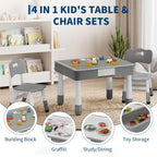 4-in-1 Kids Activity Table & Chair Set,Double-Sided Reversible Tabletop with Building Block Base & Graffiti Drawing Board,2 Adjustable Toddler Chairs,Multi-Purpose Activity Desk for Reading,Drawing