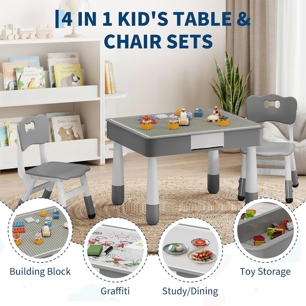 4-in-1 Kids Activity Table Set with 2 Adjustable Toddler Chairs, Double-Sided Reversible Building Block & Graffiti Drawing Tabletop, for Reading, Drawing, Dining & Block Play, Gift for Kids