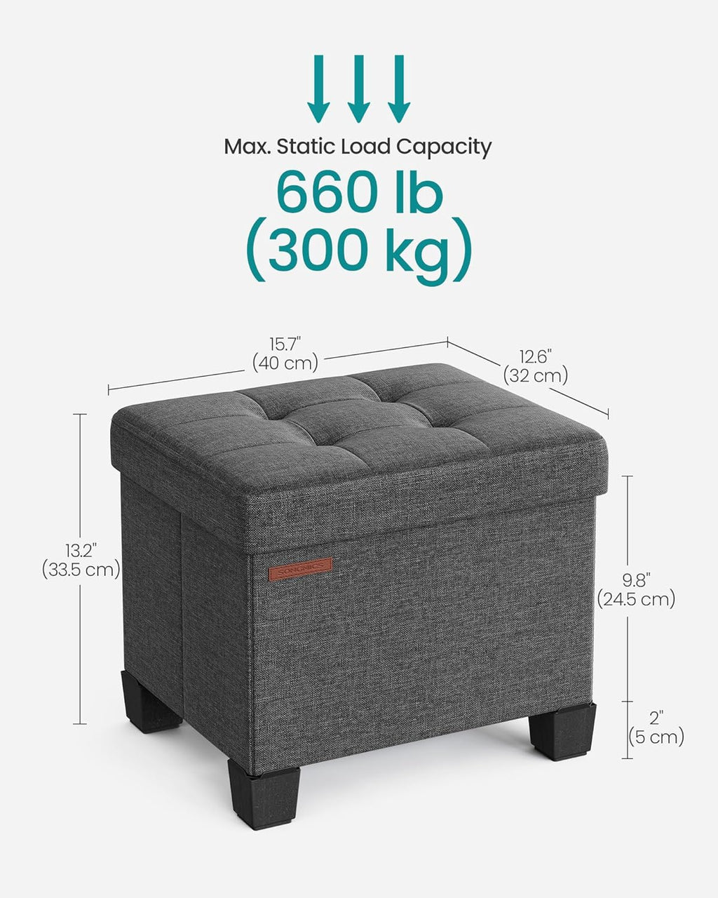 SONGMICS Storage Ottoman, Small Ottoman Foot Rest with Legs, 12.6 x 15.7 x 13.2 Inches Foot Stool, Load up to 660 lb, for Living Room, Bedroom, Dorm, Slate Gray ULSF012G01