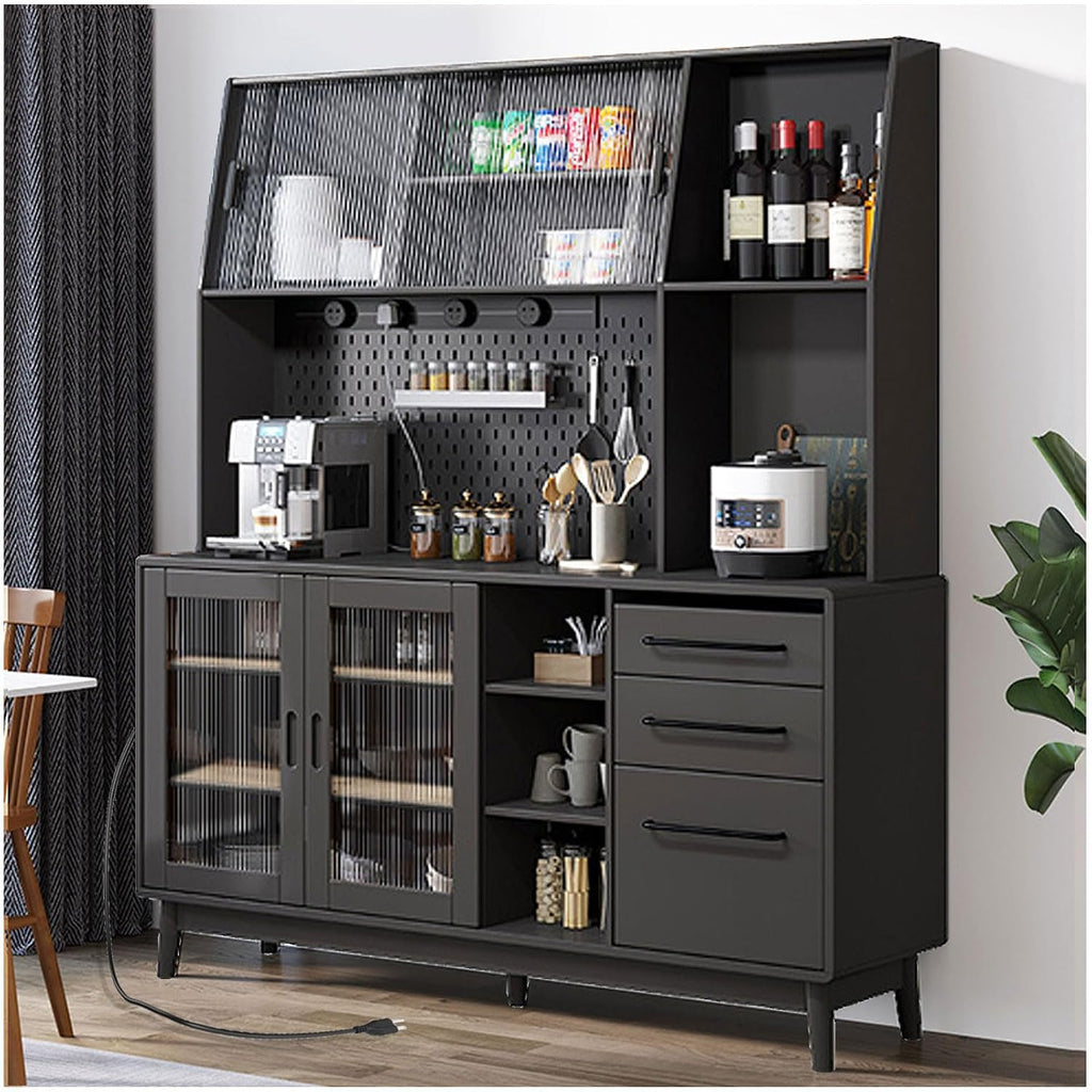 Pantry Storage Cabinet with Microwave Stand, Sliding Charging Station, Drawers & Shelves - Tall Food Pantry Organizer for Home, Metal Orifice Plate Included