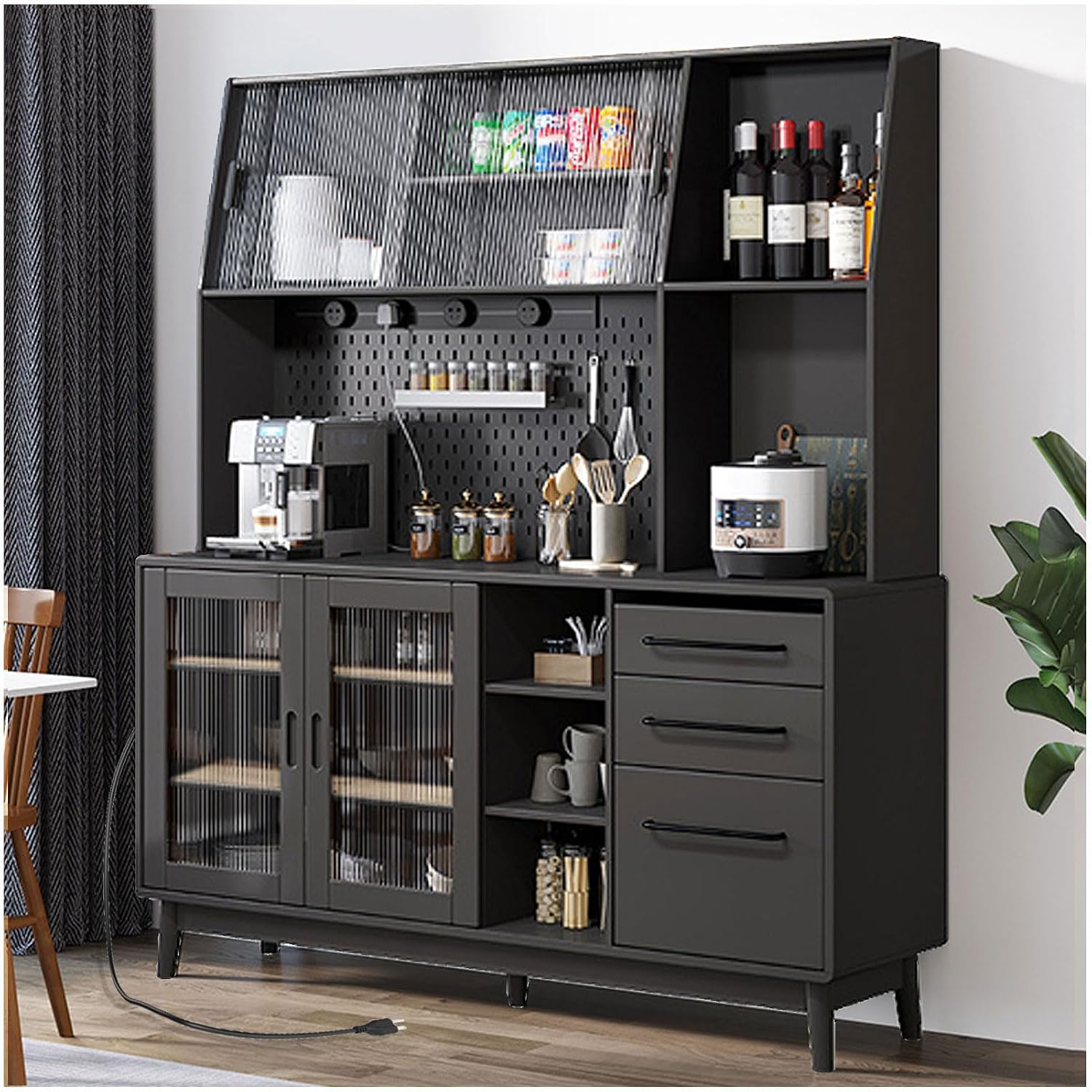 Pantry Storage Cabinet with Microwave Stand, Sliding Charging Station, Drawers & Shelves - Tall Food Pantry Organizer for Home, Metal Orifice Plate Included